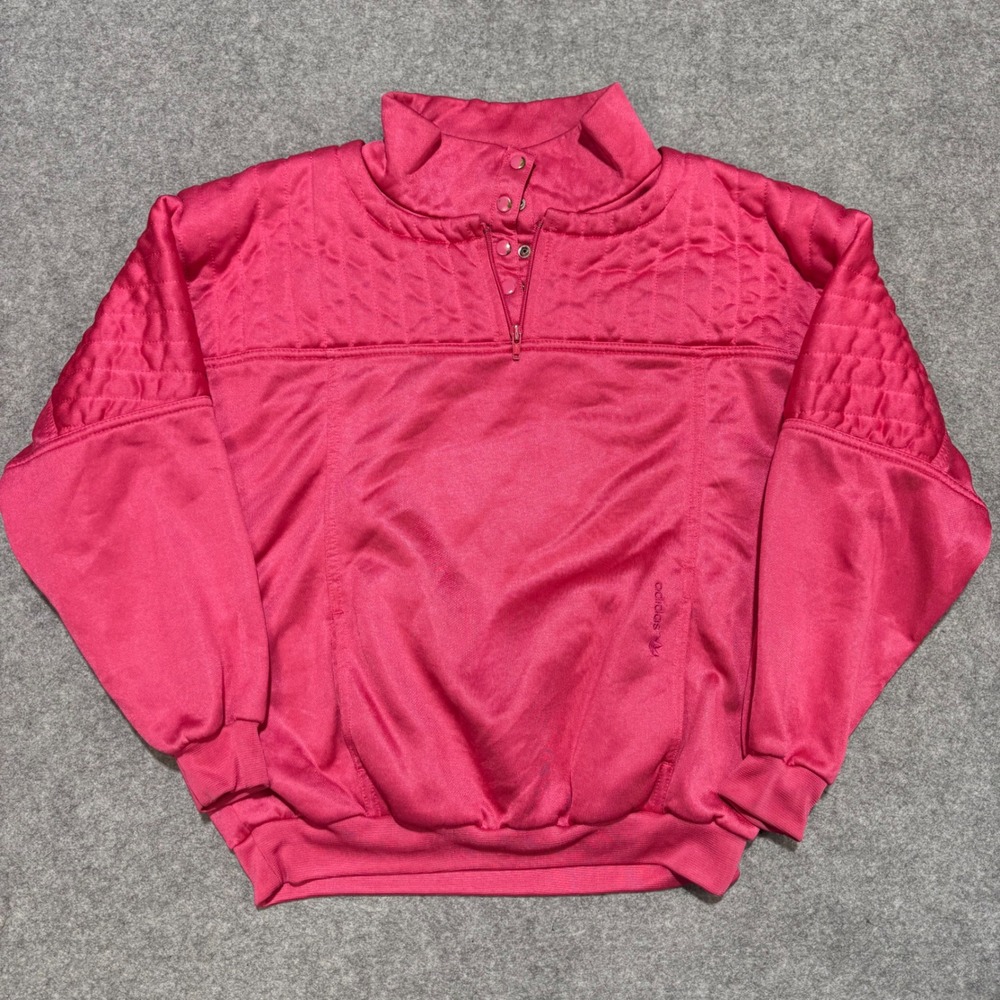 Vintage Adidas Trefoil Quilted Pullover Sweatshirt Pink Snap Neck Womens Large